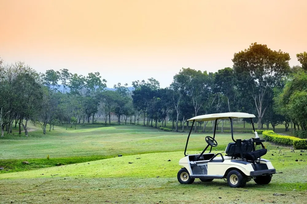 A golfcart parked on the rough overlooking a misty fairway.